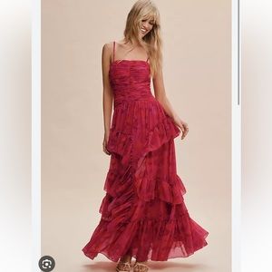 BHLDN Thalia Printed Ruched Square-Neck Ruffle Chiffon Gown - Pink Combo